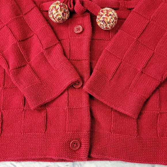 Gymboree Girl's Red Basketweave Button Front Sweater Holiday Pom Poms sz Small - Picture 7 of 10